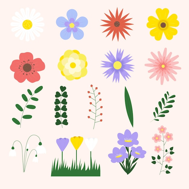 Colección de flores piso de primavera Conjunto de florales minimalistas Ilustración vectorial