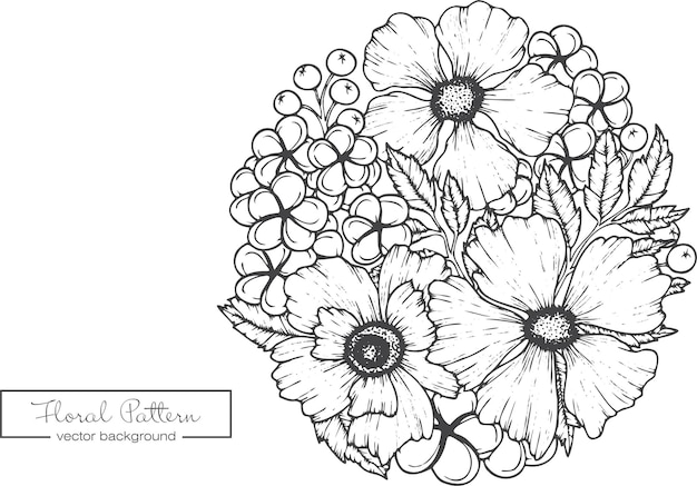 Colección de flores y plantas de primavera dibujadas a mano Ilustraciones vectoriales monocromáticas en estilo boceto