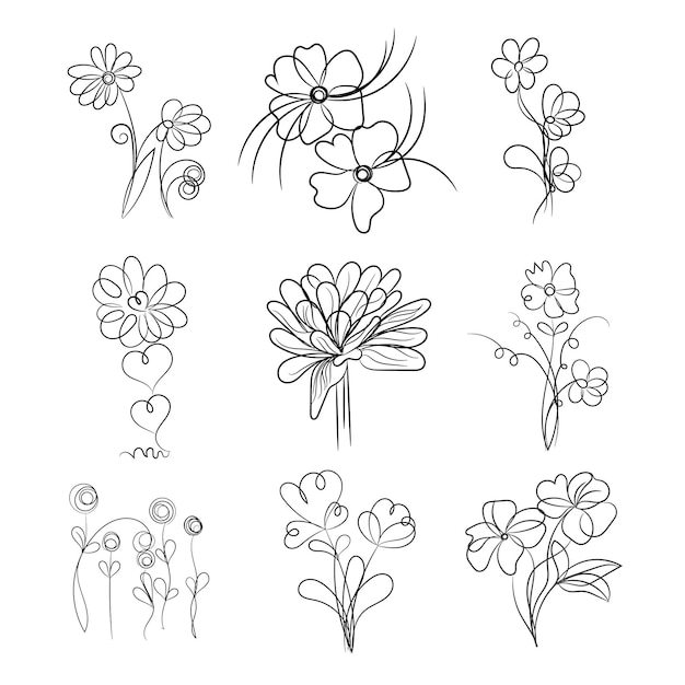 Colección de flores de primavera en estilo dibujado a mano
