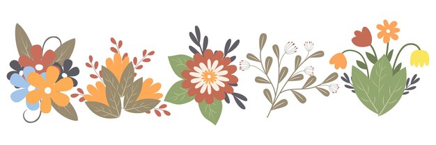 Colección de flores de primavera con hojas ramos florales flores vectoriales planas elementos botánicos de primavera Feliz Pascua estilo popular vacaciones de primavera