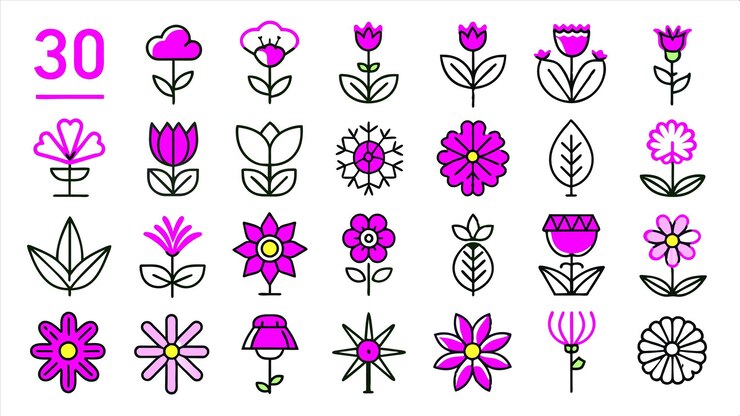 Vector una colección de flores púrpuras con hojas y flores púrpuras