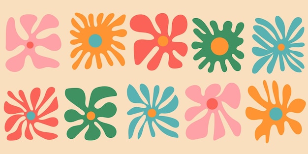 Colección de flores retro coloridas de estilo vintage hippie con elementos de diseño de clipart floral dibujado a mano