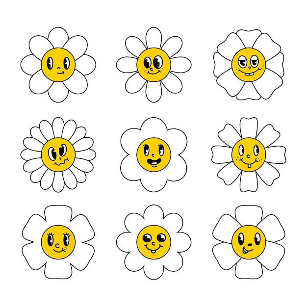 Colección de flores retro groovy Vector conjunto de emociones divertidas flores sonrientes de dibujos animados