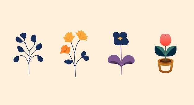 Colección de flores románticas de vector plano con rosas hojas ilustración de elementos de diseño floral de la naturaleza flor primavera y verano en el jardín