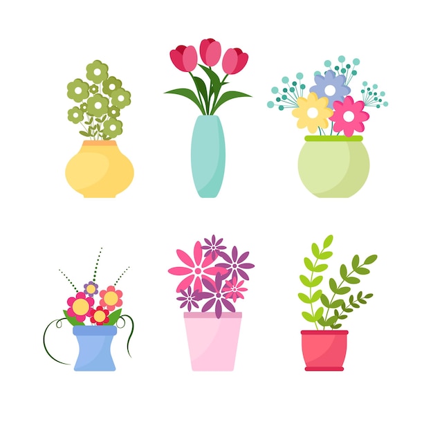 Colección de flores silvestres y de jardín en jarrones y botellas aisladas sobre fondo blanco. paquete de ramos. conjunto de elementos decorativos de diseño floral. ilustración vectorial