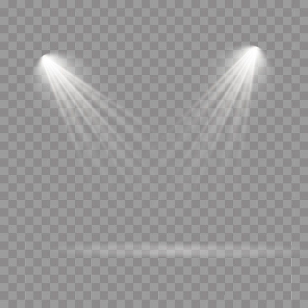Colección de focos de iluminación de escenario, escena, colección grande de iluminación de escenario, efectos de luz de proyector, iluminación blanca brillante con focos, foco aislado sobre fondo transparente,