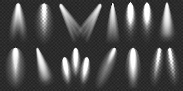 Colección de focos de luz brillante haz de luz transparente efecto realista iluminación del escenario luz brillante