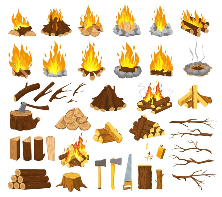 Vector colección de fogatas troncos ramas herramientas de leñador hacha sierra fósforos y diferentes montones de troncos para la seguridad contra incendios de acampada y aventuras en el bosque ilustración vectorial de estilo dibujos animados planos
