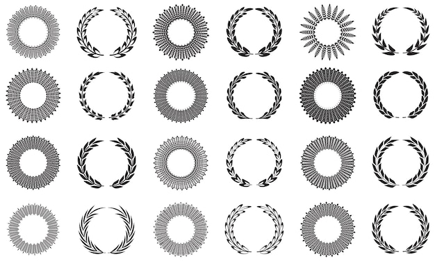 Colección de follaje de laurel circular de silueta diferente, trigo y coronas. ilustración vectorial