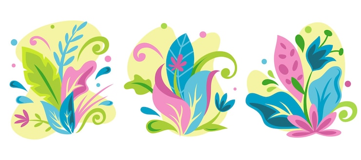 Vector colección de follaje moderno abstracto prado de primavera con flores y hierba elementos botánicos futuristas aislados en un fondo blanco ilustraciones vectoriales en estilo plano