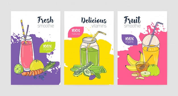 Vector colección de folletos o carteles de colores brillantes con refrescantes bebidas frías y batidos hechos de frutas y verduras tropicales exóticas.