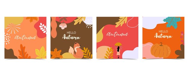 Colección de fondo otoñal con zorro, mujer, marco