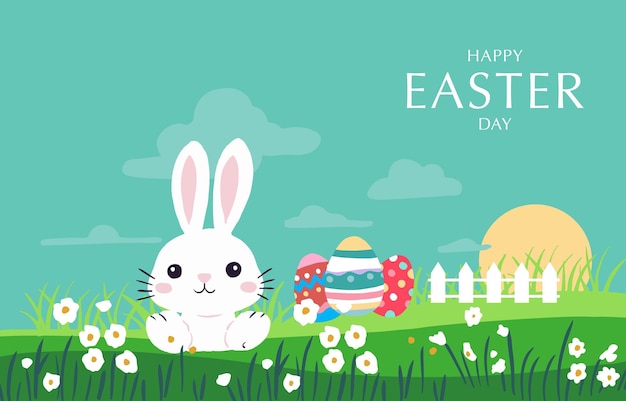 Colección de fondo de Pascua con conejo y huevo en el jardín Ilustración vectorial editable para banner horizontal