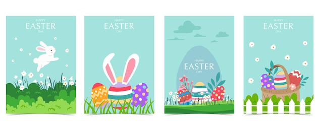 Colección de fondo de pascua con conejo y huevo en el jardín ilustración vectorial editable para tarjeta postal vertical a4