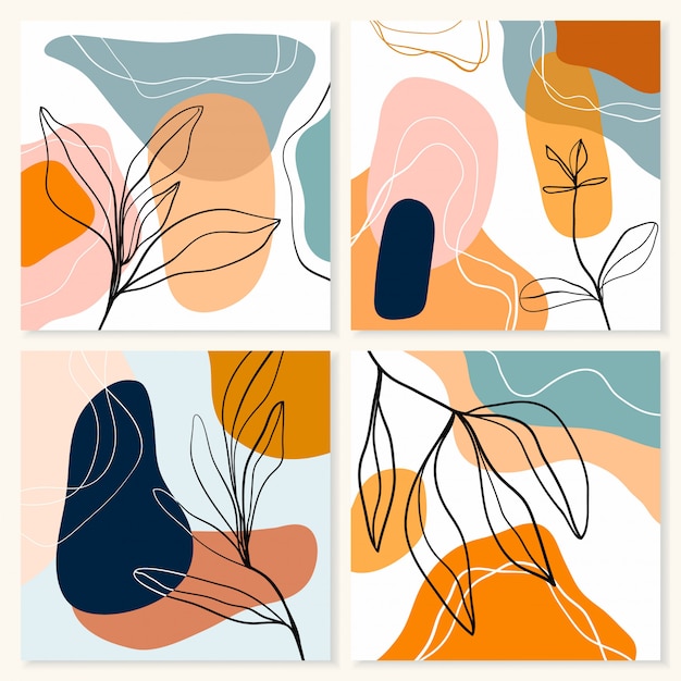 Colección de fondos abstractos con cuatro obras de arte diferentes en colores pastel, formas de doodle, diseño moderno