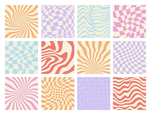 Colección de fondos Groovy Y2K Patrones de ondas de malla de tablero de ajedrez Textura de vector retorcido