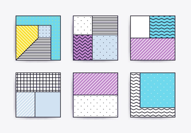 Colección con fondos de moda para su proyecto, animación, publicidad, banner comercial, volante, venta, marco. Afiche simple, parches, insignias en mix neo memphis, estilo pop art