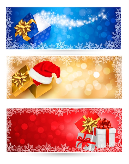 Colección de fondos navideños con cajas de regalo y copos de nieve. ilustración.