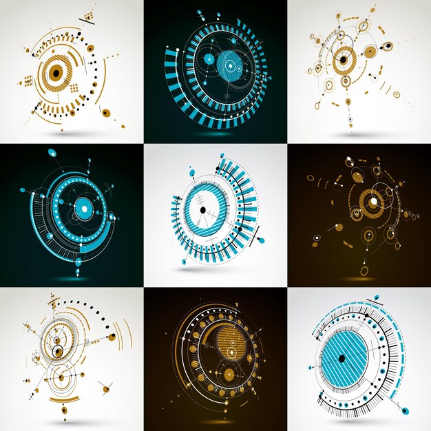 Colección de fondos de pantalla Bauhaus, fondo vectorial dimensional de arte hecho con líneas y círculos. La ilustración gráfica de la década de 1960 se puede utilizar como diseño de portada de folleto. patrón tecnológico 3d.