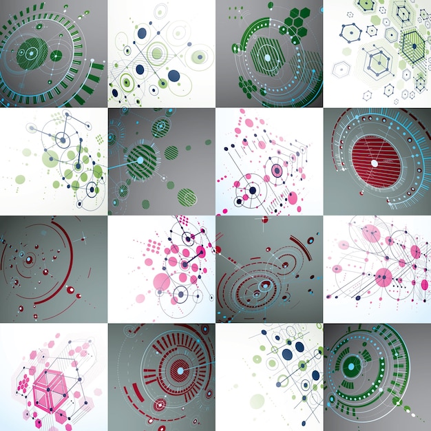 Colección de fondos de pantalla Bauhaus, fondo vectorial dimensional de arte hecho con panales, líneas y círculos. La ilustración gráfica de la década de 1960 se puede utilizar como diseño de portada de folleto. patrón tecnológico 3d.