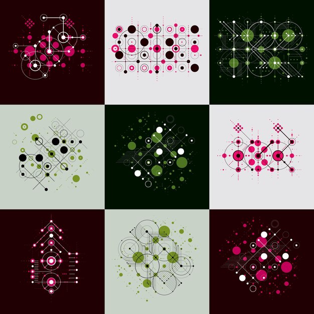 Colección de fondos de pantalla retro Bauhaus, fondos vectoriales de arte hechos con cuadrícula y círculos. Las ilustraciones gráficas geométricas de la década de 1960 se pueden utilizar como diseño de portada de folletos.