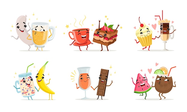 Colección Forever Friends Comida y bebida divertida personajes de dibujos animados sonrientes mejores amigos Ilustración vectorial