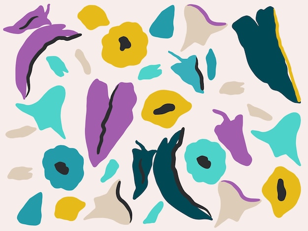 Colección de formas abstractas y objetos florales dibujados a mano varias flores Arte contemporáneo abstracto