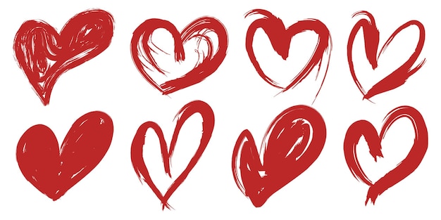 Colección de formas de amor rojas con pinceladas artísticas para el concepto de aniversario y romance