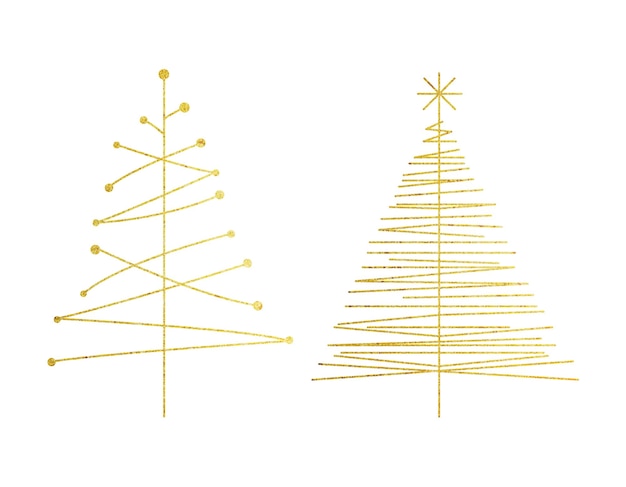 Colección de formas de árboles de Navidad Conjunto de iconos de pino dorado Árboles de abeto dibujados a mano