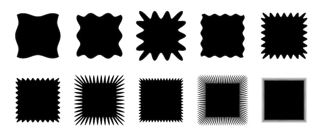 Colección de formas cuadradas de borde ondulado Conjunto de elementos cuadrados zigzag dentados Elementos de diseño gráfico negros