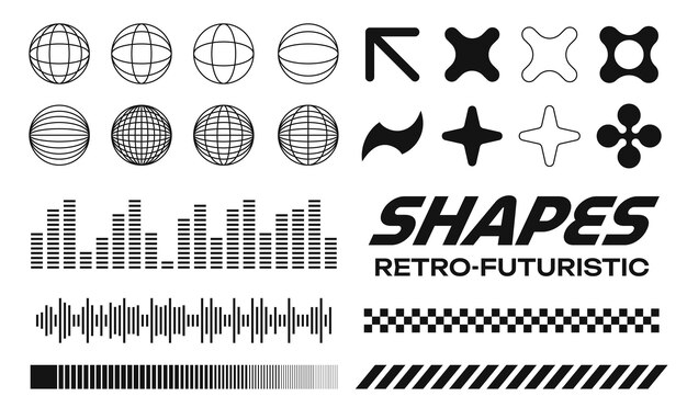 Colección de formas y elementos geométricos retro-futuristas