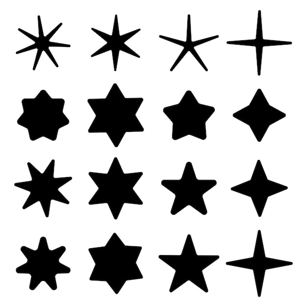 Colección de formas de estrellas Conjunto de siluetas negras Varios diseños de estrellas Ilustración vectorial