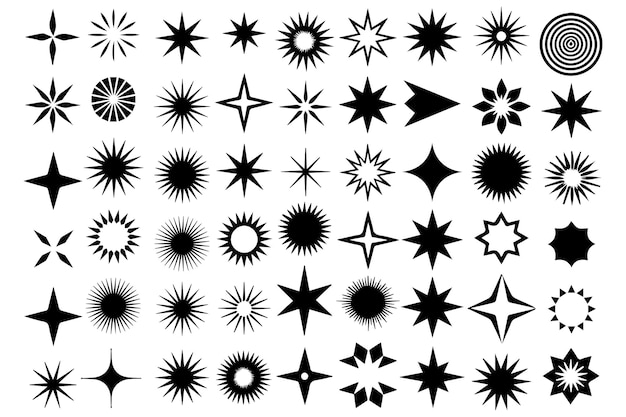 Colección de formas de estrellas y estallidos de estrellas en blanco y negro