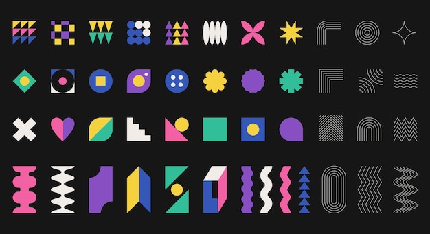 Colección de formas geométricas abstractas y objetos lineales Elementos de diseño al estilo del brutalismo minimalismo suizo Bauhaus Objetos decorativos planos y de contorno simples Formas vectoriales aisladas de color