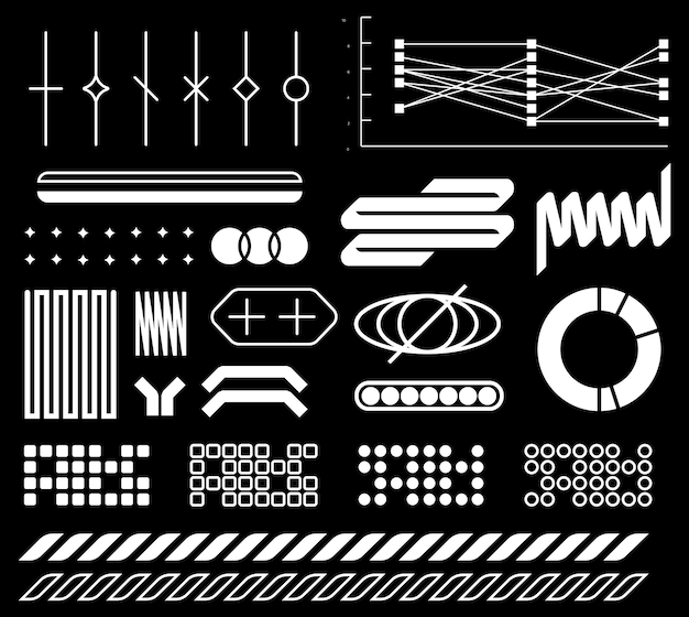 Colección de formas geométricas y elementos de diseño en blanco sobre un fondo negro