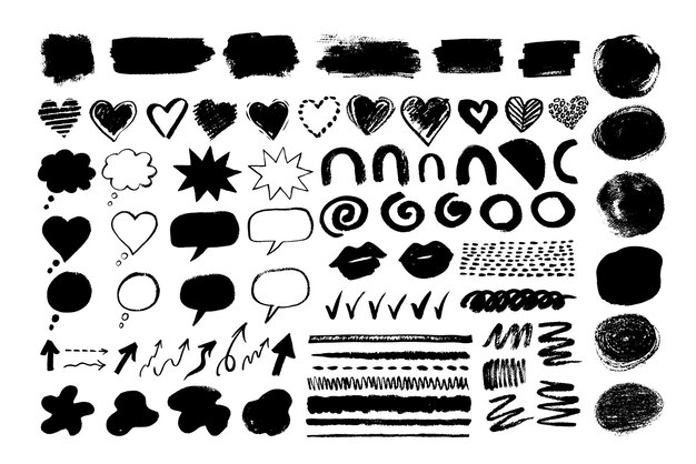 Colección de formas grunge dibujadas a mano y pancartas aisladas sobre fondo blanco