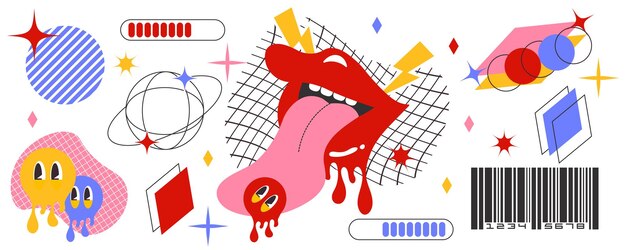Colección de formas retro futuristas Elementos de diseño labios lengua estrellas rejilla de perspectiva de la tierra