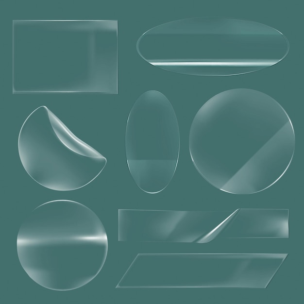 Una colección de formas de vidrio transparente sobre un fondo verde Las formas de vidrios incluyen círculos, óvalos y rectángulos Texturas y reflejos de vidrio brillante Conjunto vectorial de elementos adhesivos