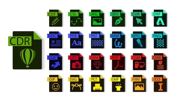 Colección de formato de archivo de CorelDraw. CDR,CDT,CSL,JPG,PNG,DOC,PDF,SVG. Iconos y vectores de tipo de archivo.