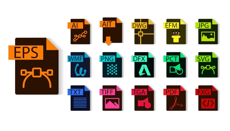 Colección de formato de archivo de Illustrator. EPS, IA, JPG, SVG, PNG, TIFF, PDF. Iconos y vectores de tipo de archivo.