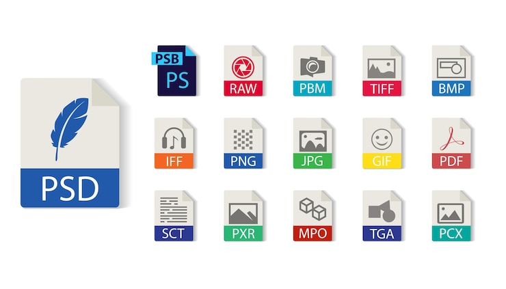 Colección de formatos de archivo de Photoshop. PSD,PSB,RAW,BMP,PDF,GIF,JPG,PNG. Iconos y vectores de tipo de archivo.