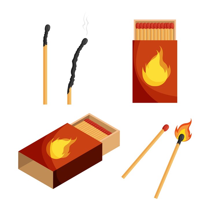 Vector colección de fósforos con fuego y caja de fósforos. fósforo entero y quemado. etapas de quemar el fósforo