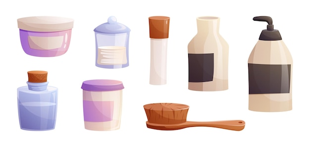 Una colección de frascos y botellas con jabón, champú y otros productos de belleza e higiene Conjunto de ilustraciones de dibujos animados aislados por vectores
