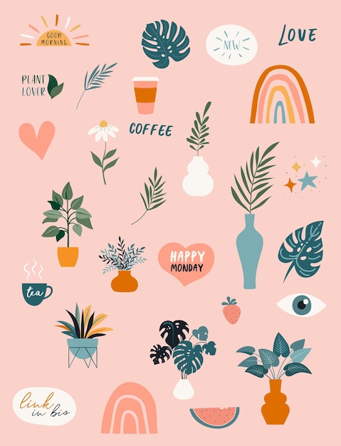 Colección de frases escritas a mano, citas, pegatinas y elementos de diseño decorativo, plantas, arco iris y hojas dibujadas a mano en estilo doodle de moda, ilustraciones y impresiones vectoriales coloridas.