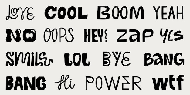 Vector colección de frases de pegatinas de letras love cool boom yeah uy zap lol bye bang wtf, etc.