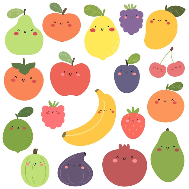 Colección de frutas y bayas en estilo de dibujos animados Vector aísla sobre fondo blanco