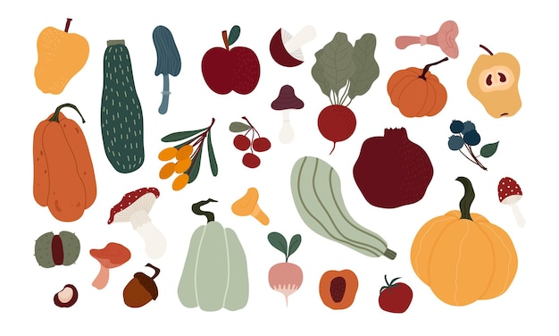 Colección de frutas y bayas de estilo plano