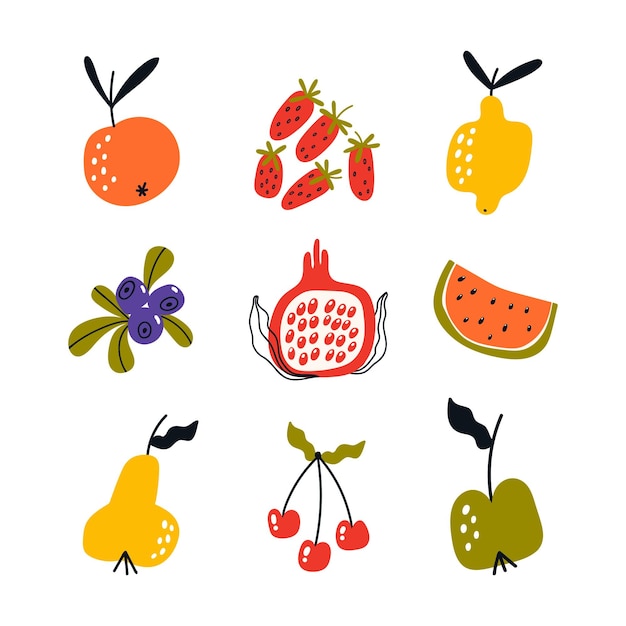 Colección de frutas y bayas maduras dibujadas a mano Comida de postre de dibujos animados Ilustración de vector plano