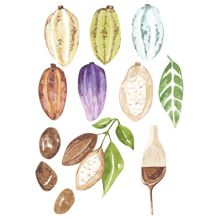 Colección de frutas de cacao acuarela aislado sobre fondo blanco Plantas de cacao exóticas dibujadas a mano