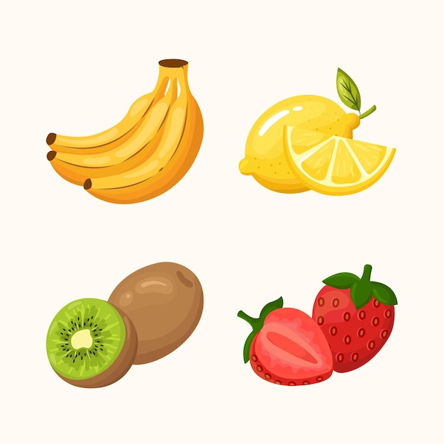 Colección de frutas con detalles Ilustración plátano limón kiwi y fresa